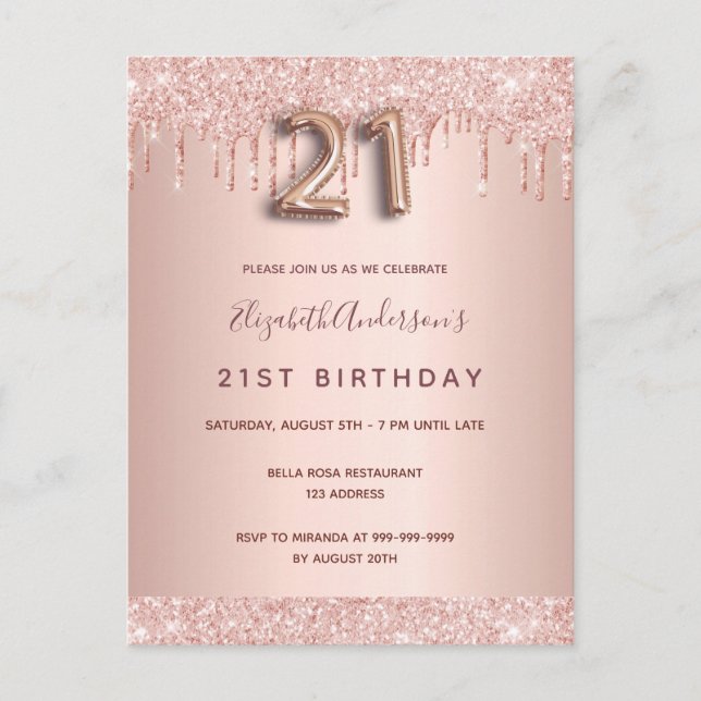 21. Geburtstag Rose Gold Glitzer Rosa Einladung Postkarte (Vorderseite)