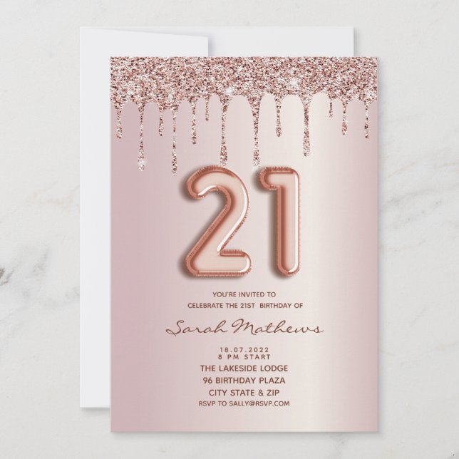 21. Geburtstag Rose Gold Glitzer Tropfen Einladung (Vorderseite)