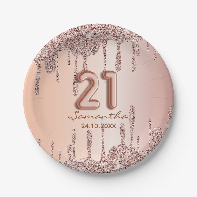21. Geburtstag Rose Gold Glitzer Tropfen Pappteller (Vorderseite)