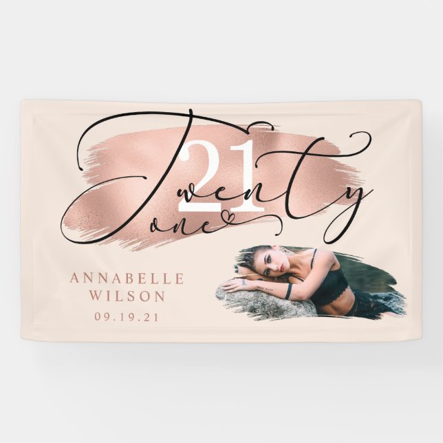 21. Geburtstag Rose Gold & Pink Foto Banner (Horizontal)