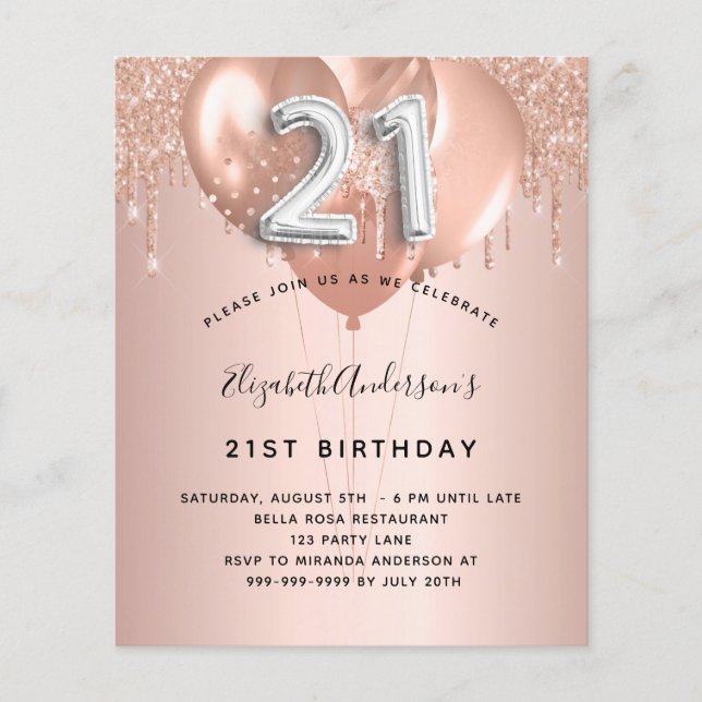 21. Geburtstag Rose Gold Silberballons Einladung (Vorderseite)