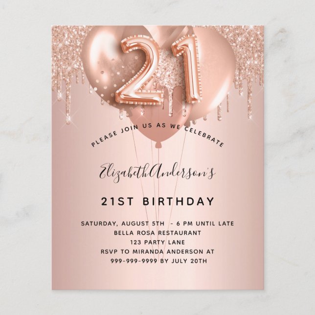 21. Geburtstag Rose Goldballons (Vorderseite)