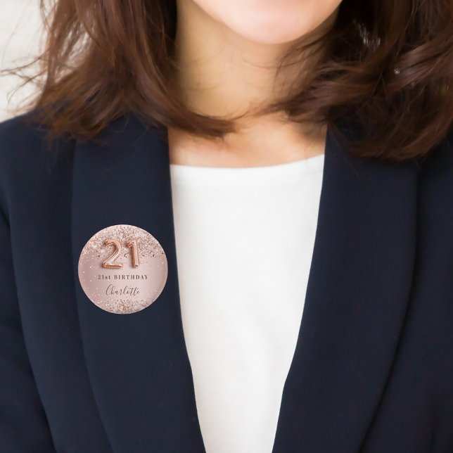 21. Geburtstag Rose Goldrot Glitzer Namensschild Button (Von Creator hochgeladen)