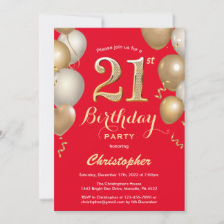 21. Geburtstag Rot und Gold Balloons Confetti Einladung
