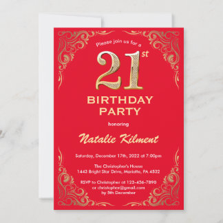 21. Geburtstag Rot und Gold Glitzer Rahmen Einladung