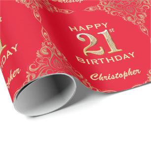 21. Geburtstag Rot und Gold Glitzer Rahmen Geschenkpapier