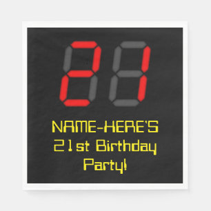 21. Geburtstag: Rote Digitaluhr-Art "21" + Name Serviette