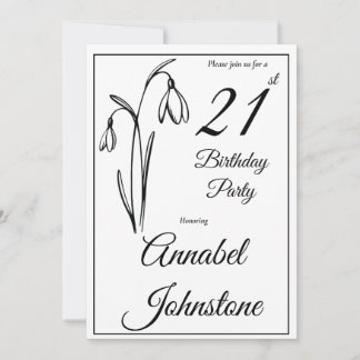 21. Geburtstag Schneeglöckchen Floral Schwarz und Einladung