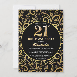 21. Geburtstag Schwarz und Gold Floral Muster Einladung