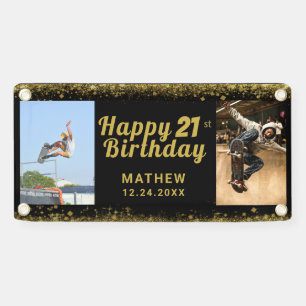 21. Geburtstag Schwarz und Gold Foto Glitter Banner