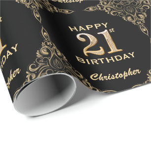 21. Geburtstag Schwarz und Gold Glitzer Rahmen Geschenkpapier