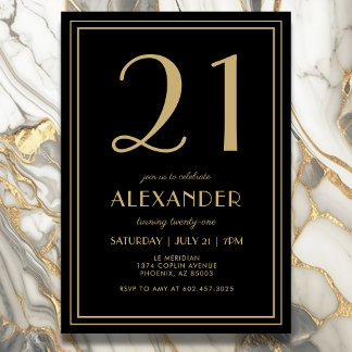 21. Geburtstag Schwarz und Gold Modern Minimal Erw Einladung