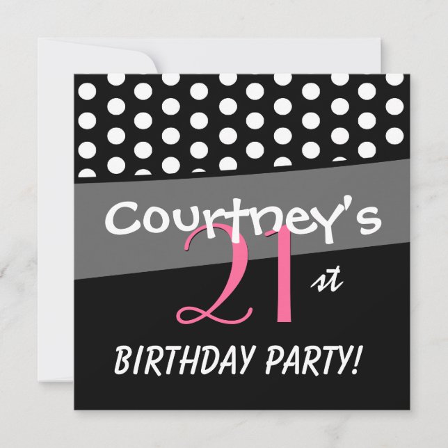 21. Geburtstag Schwarz-weiß Pink Polka Dots Einladung (Vorderseite)