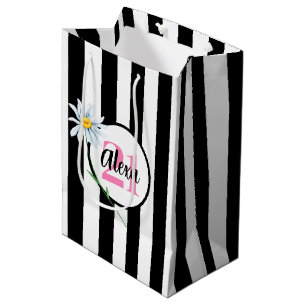 21. Geburtstag Schwarz-Weiß-Streifen Mittlere Geschenktüte