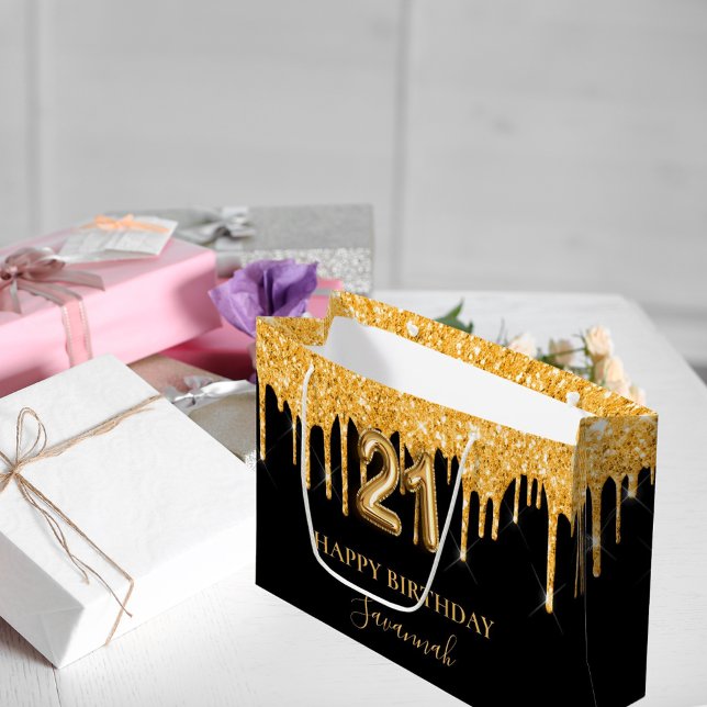 21. Geburtstag Schwarzer Glitzer Tropfen Name Große Geschenktüte (Von Creator hochgeladen)