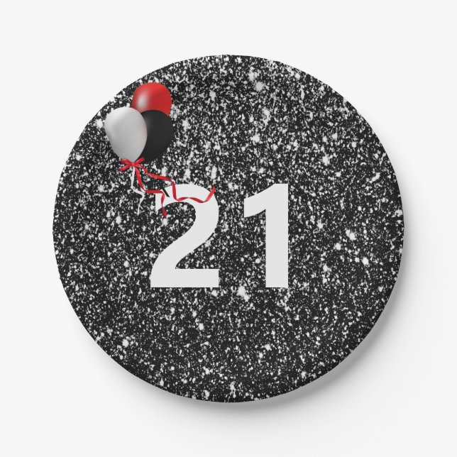 21. Geburtstag Schwarzer Glitzer und Balloons Pappteller (Vorderseite)