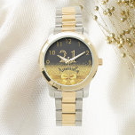 21. Geburtstag schwarzes Gold-Monogramm Armbanduhr<br><div class="desc">Elegant,  klassisch,  glamourös und feminin. Ein Imitat mit goldfarbenem Bogen und Band,  ein bisschen Bling und Luxus für ein Geburtstagsgeschenk oder Sake. Schwarzer Hintergrund. Vorlagen für ihren Namen und das Alter von 21 Jahren. Der Name ist mit einem modernen handgeschriebenen Stilskript geschrieben. goldfarbene Zahlen von 9 bis 3</div>