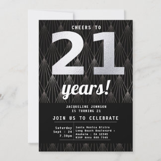 21. Geburtstag Schwarzes Silber Party Einladung