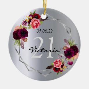 21. Geburtstag Silber Burgunder Blumen Keramik Ornament