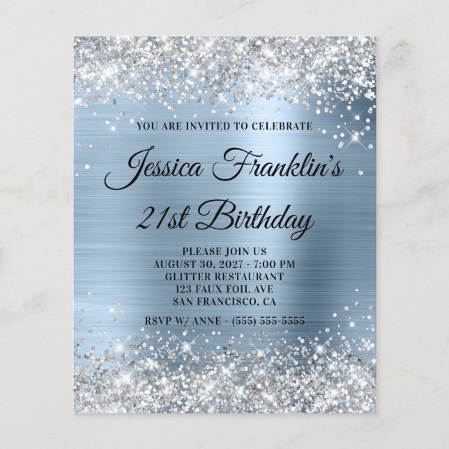 21. Geburtstag Silber Glitter Blassblauer Einladun Flyer (Vorne)