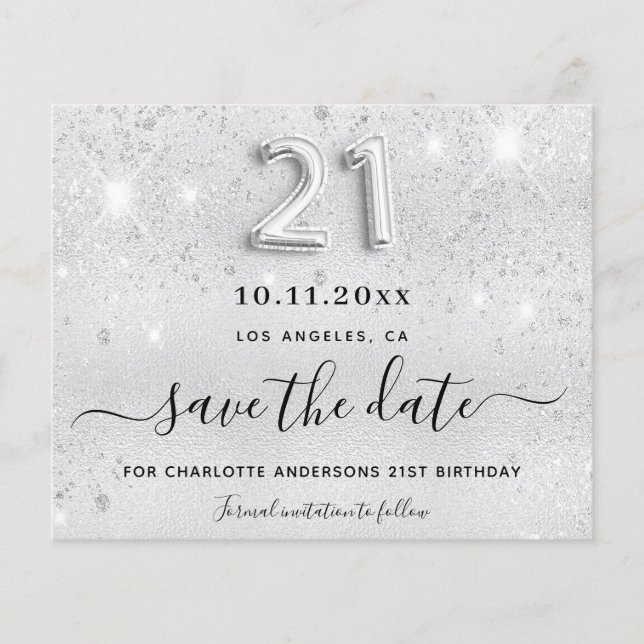 21. Geburtstag Silber Glitzer Save the Date Karte (Vorderseite)