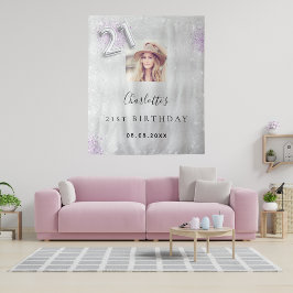 21. Geburtstag Silber lila Foto Glitzer Empfang Wandteppich