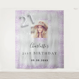21. Geburtstag Silber lila Glitzer Foto Empfang Wandteppich