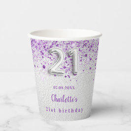21. Geburtstag silber lila Glitzer Name Pappbecher