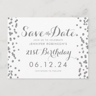 21. Geburtstag Silber Save the Date Confetti White Postkarte