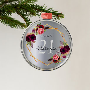 21. Geburtstag Silberfloralen geometrische bordeau Ornament Aus Metall