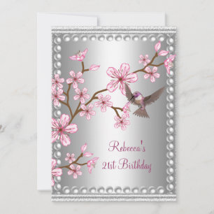 21. Geburtstag Silver Asian Pink Pearl Blume Bird Einladung