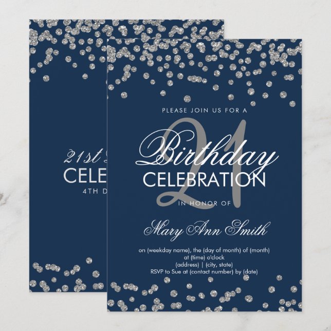 21. Geburtstag Silver Navy Blauer Glitzer Confetti Einladung (Vorne/Hinten)