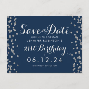 21. Geburtstag Silver Save the Date Confetti Marin Postkarte