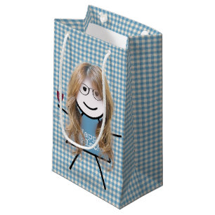 21. Geburtstag Strichfigur-Mädchen auf Gingham mit Kleine Geschenktüte