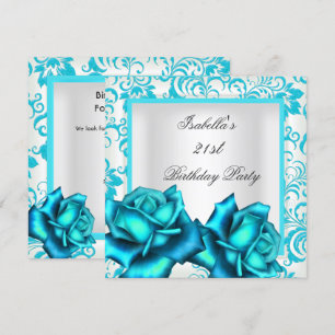 21. Geburtstag Teal Blau Floral Rose Weiß Einladung