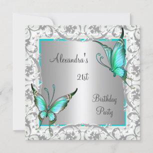 21. Geburtstag Türkis Floral Schmetterling Silber  Einladung