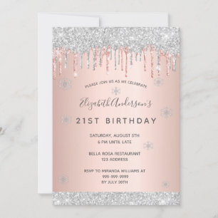 21. Geburtstag Winter Silber Glitzer Rosa Schneefl Einladung