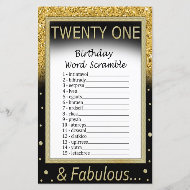 21. Geburtstag Word Scramble Game (Vorderseite)