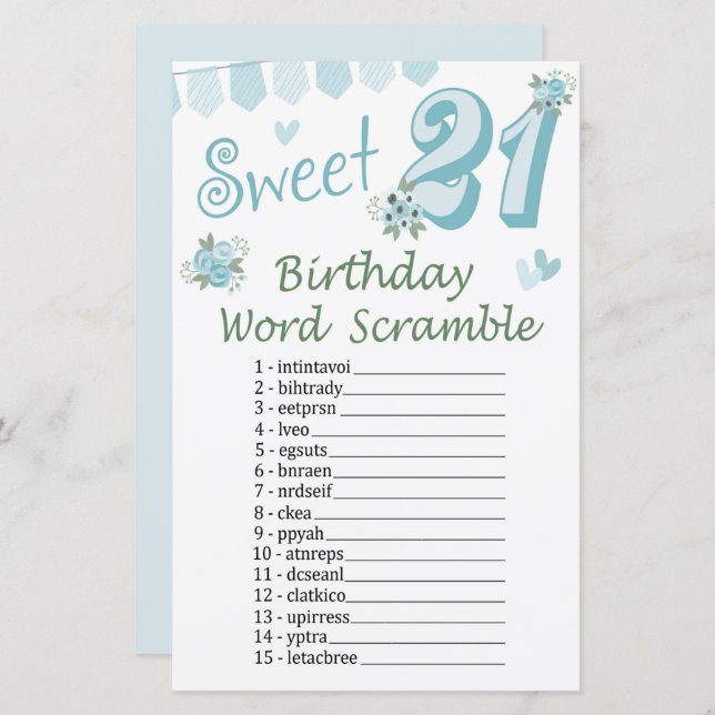 21. Geburtstag Word Scramble Game (Vorne/Hinten)
