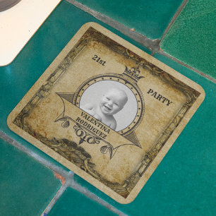 21. Geburtstags-Vintage-Retro-Monogramm-Foto-Antik Rechteckiger Pappuntersetzer