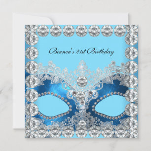 21. Geburtstagsfeier Blau Weiße Diamanten Maske Einladung