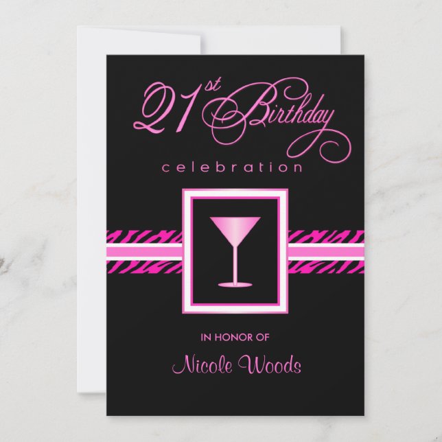 21. Geburtstagsfeier - Heiß rosa Zebra Einladung (Vorderseite)