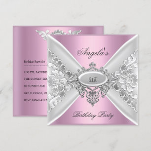 21. Geburtstagsfeier Rosa Elegant Silber Weiß Einladung