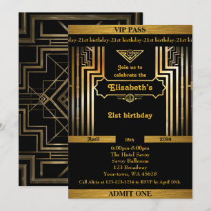 21.,Geburtstagsfrau 21.,Gatsby,Ticket,schwarzes Go Einladung