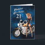 21. Geburtstagskarte mit einem Motorrad Karte<br><div class="desc">Ein Mädchen,  das mit einem großen Chopper,  eine große Geburtstagskarte aufwirft,  damit Sie senden</div>