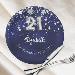 21. Geburtstagsnacht blaue Silberstars Pappteller<br><div class="desc">Zum 21. Geburtstag. Eine marineblau Hintergrundfarbe mit Imitaten silbernen Sternen. Die blaue Farbe ist ungleichmäßig. Fügen Sie Ihren Namen,  Text hinzu.</div>