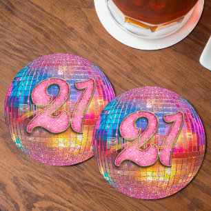 21. Geburtstagsparty Gold Rosa Glitter Disco Kugel Runder Pappuntersetzer