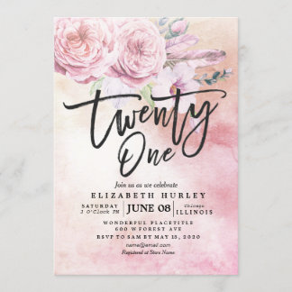 21 Geburtstagsparty Watercolor Boho Blume Feathers Einladung