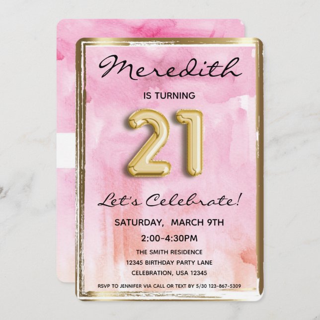21. Girl Birthday Pink und Gold Einladung (Vorne/Hinten)
