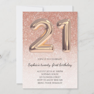 21. Girl Birthday Rose Gold Glitzer Elegant Einladung